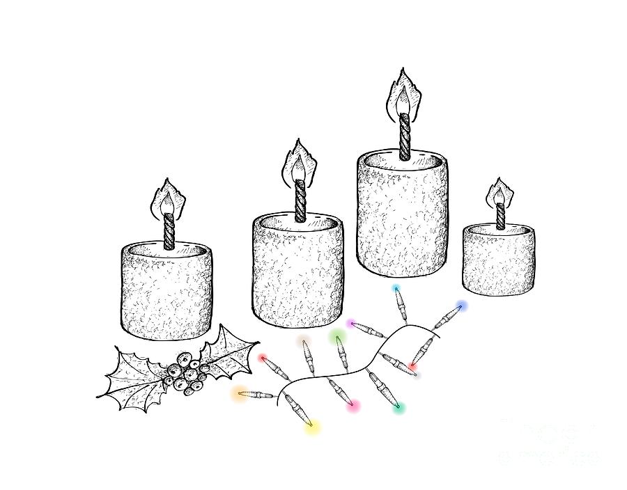 900x704 Four Christmas Candles With Holly Twigs And Lights Drawing - Christmas Candle Drawing
