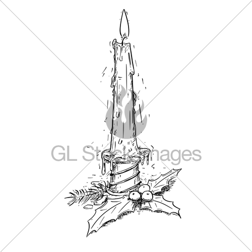 500x500 Christmas Candle With Spruce And Holly Leaves Drawing Vec Gl - Christmas Candle Drawing