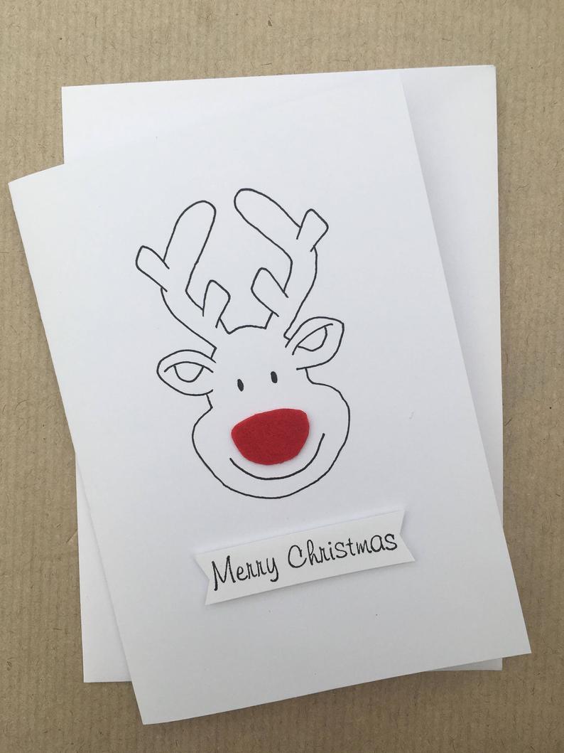 794x1059 Christmas Card Teacher Gift Rudolph Reindeer Drawing Red Etsy - Christmas Card Drawing