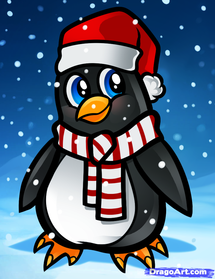 722x938 Cartoon Christmas Penguin How To Draw A Christmas Penguin - Christmas Cartoon Drawings