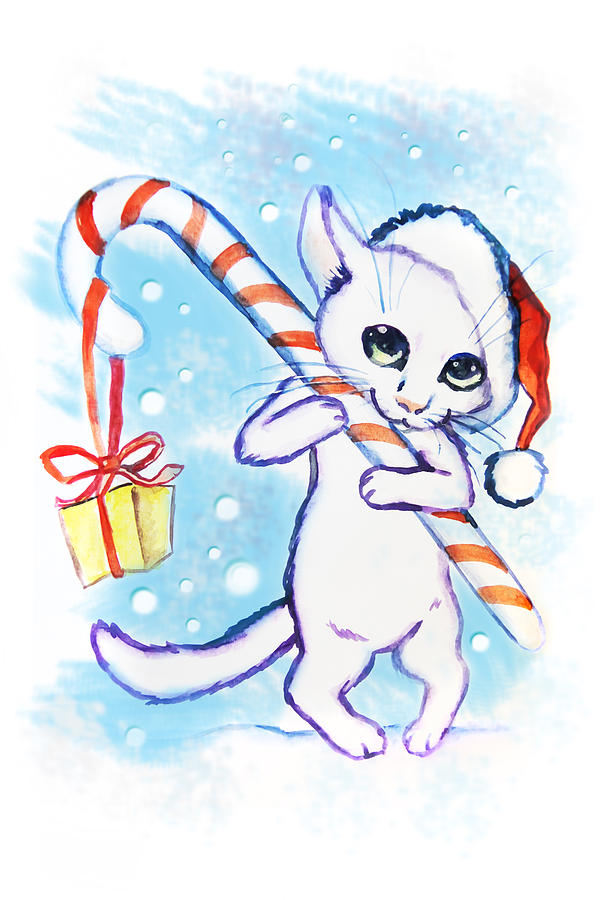 600x900 Christmas Cat With A Sweet Watercolor Card Drawing - Christmas Cat Drawing