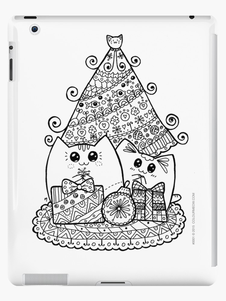 750x1000 Christmas Cats With Gifts Kawaii Cat Colouring Drawing Ipad - Christmas Cat Drawing