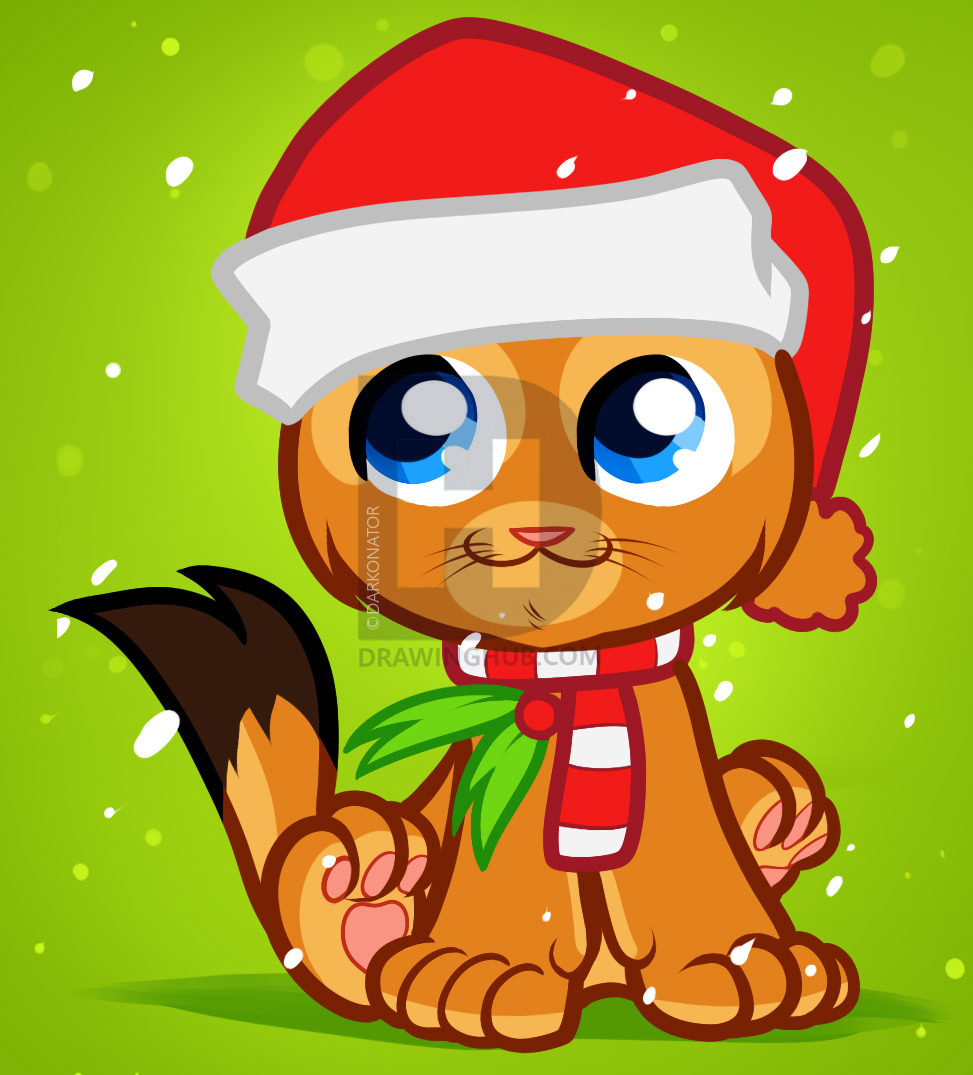973x1075 How To Draw A Christmas Cat, Christmas Cat, Step - Christmas Cat Drawing