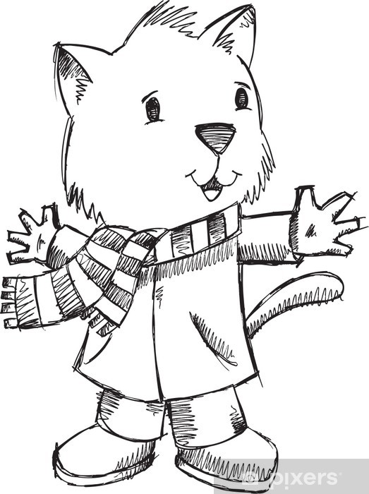 523x700 Sketch Doodle Drawing Winter Christmas Cat Vector Art Wall Mural - Christmas Cat Drawing