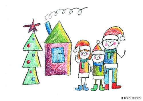 500x354 Happy Family With House And Christmas Tree Kids Drawing Mother - Christmas Celebration Drawing