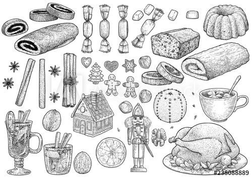 500x354 Christmas, Celebration Food Collection, Illustration, Drawing - Christmas Celebration Drawing
