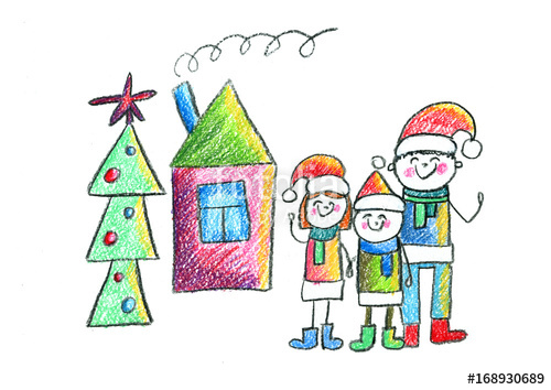 500x354 Happy Family With House And Christmas Tree Kids Drawing Mother - Christmas Children Drawing