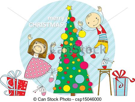 450x340 Merry Christmas Children Dress Up The Christmas Tree Toys Gifts - Christmas Children Drawing