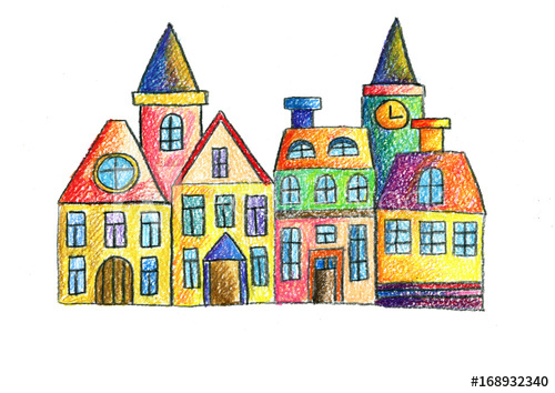 500x354 Old Town Old City Christmas City Kids Drawing Style Children - Christmas Children Drawing