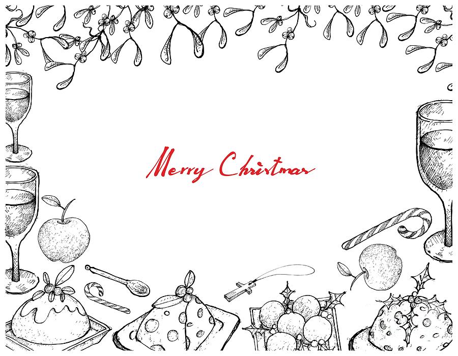 900x700 Christmas Dinner With Pudding, Wine And Dessert Frame Drawing - Christmas Dinner Drawing