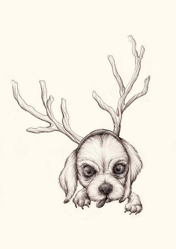 570x806 Original Christmas Dog Illustration Puppy Artwork Drawing Etsy - Christmas Dog Drawing