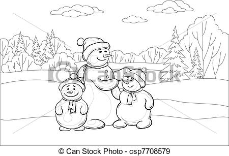 450x307 Snowmens Mother And Children, Contours Christmas Cartoon - Christmas Drawing For Children