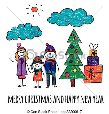 450x470 Family Christmas Drawing Halloween Holidays Wizard - Christmas Drawing For Kids