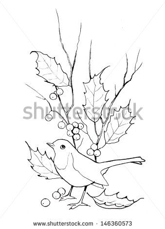 339x470 Christmas Holly With Bird Freehand Outline Drawing Some Moore - Christmas Drawing Outline