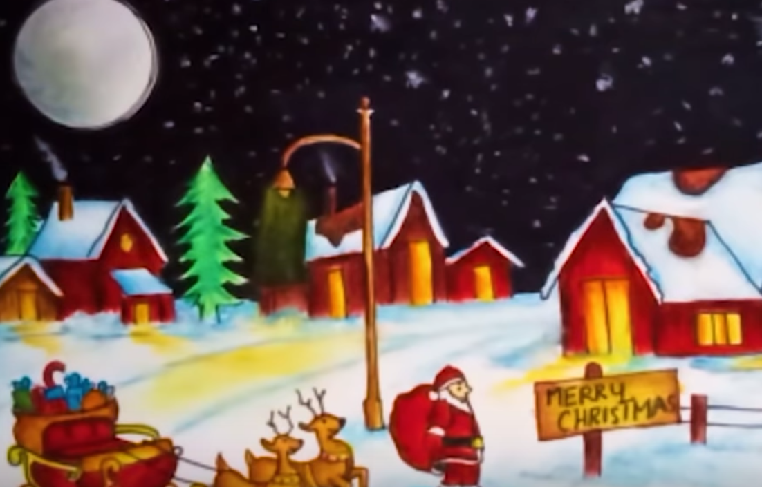 1102x705 Pr How To Draw A Christmas Scene With Santa Claus Christmas - Christmas Festival Drawing