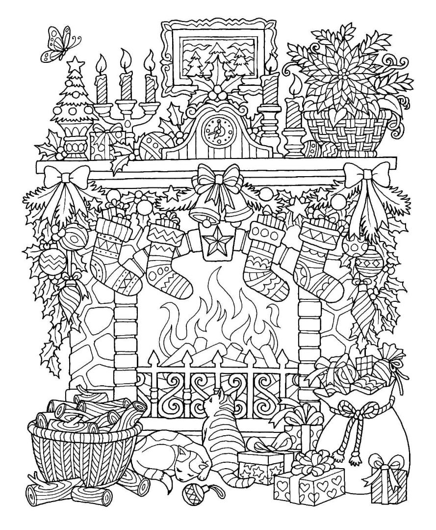 889x1080 christmas fireplace coloring - Christmas Fireplace Drawing