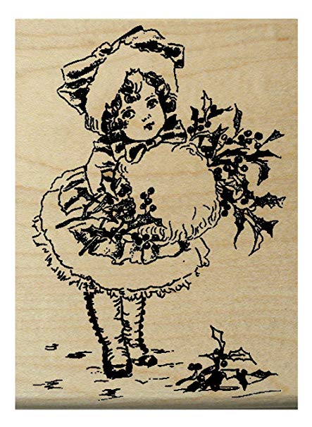443x606 Christmas Girl With Holly Rubber Stamp Wm - Christmas Girl Drawing