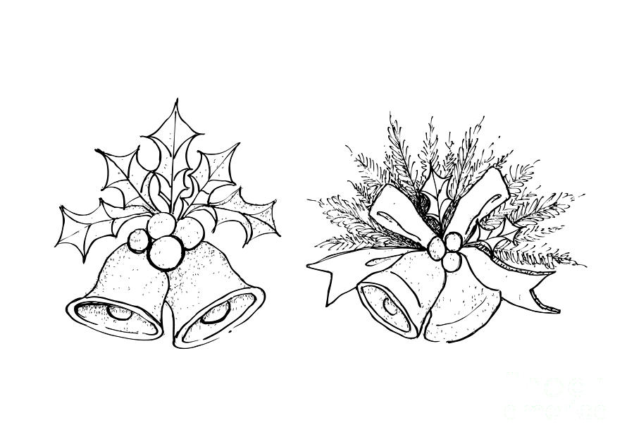 900x630 golden bells with christmas holly and pine leaves drawing - Christmas Holly Drawing