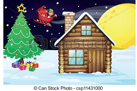 450x299 Christmas Elve And House Illustration Of A Christmas Elve - Christmas House Drawing