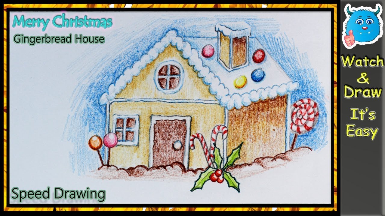 1280x720 Christmas Gingerbread House Drawing For Beginners Easy - Christmas House Drawing
