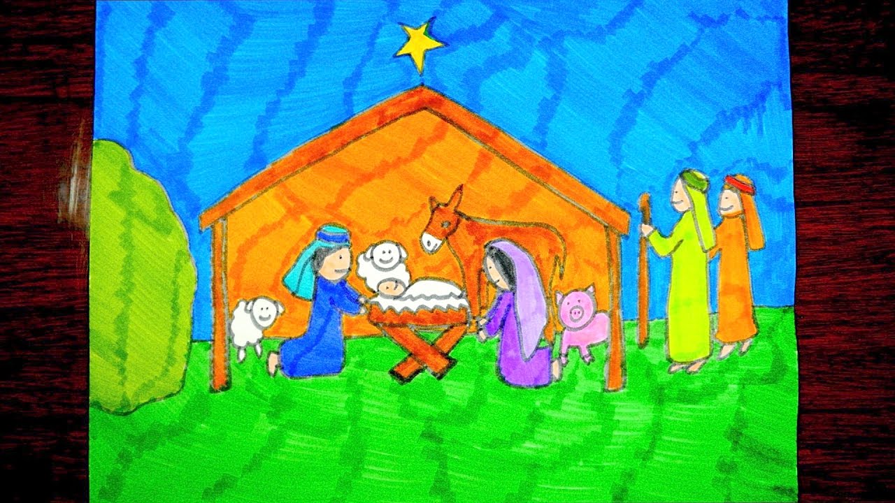 1280x720 How To Draw A Nativity Scene Christmas Drawings For Kids - Christmas Manger Drawings