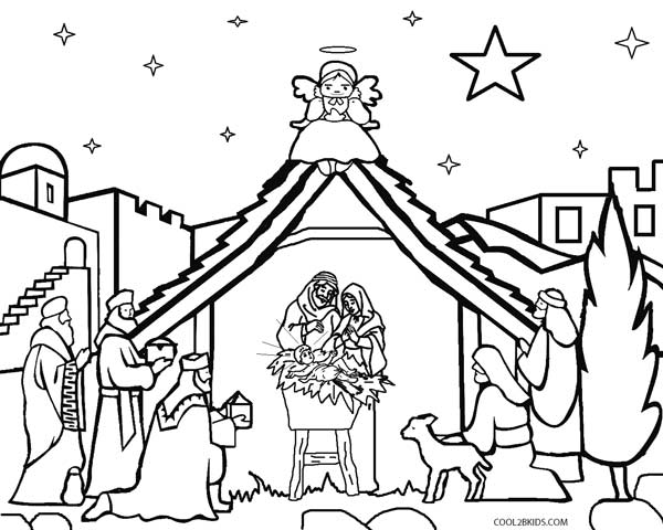 600x480 Santa Kneeling At Manger Coloring Page - Christmas Nativity Scene Drawing