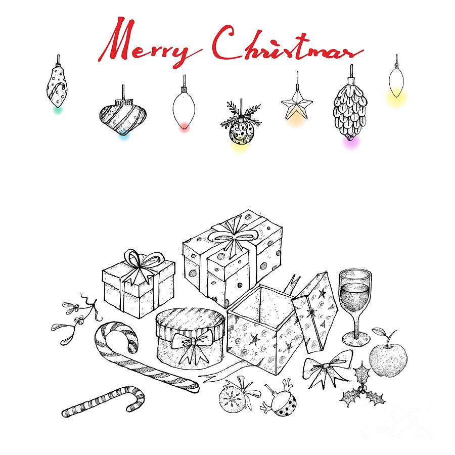 900x900 hand drawn of lovely christmas ornaments and gifts drawing - Christmas Ornament Drawing