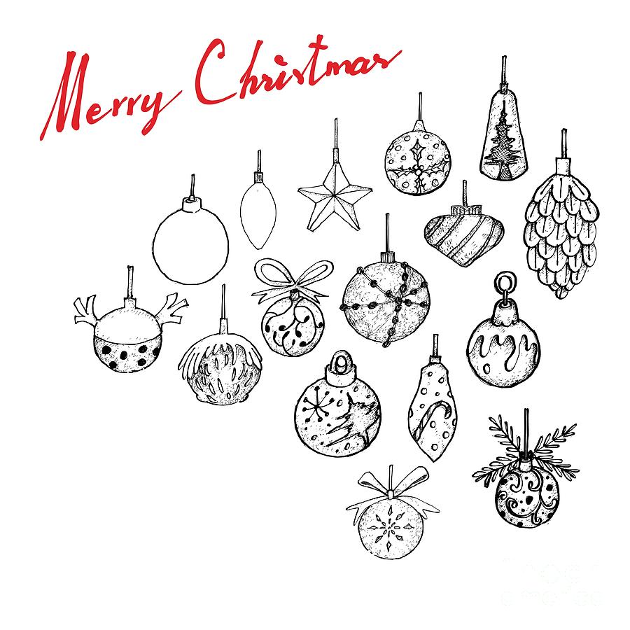 900x900 hand drawn of lovely christmas ornaments hanging on the air - Christmas Ornament Drawing