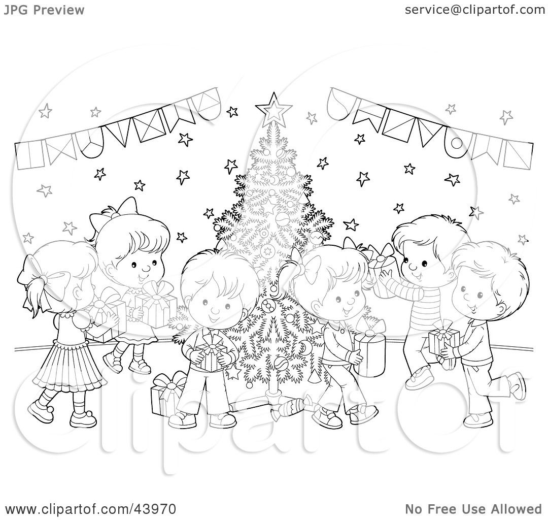 1080x1024 Clipart Illustration Of A Black And White Children With Gifts - Christmas Party Drawing