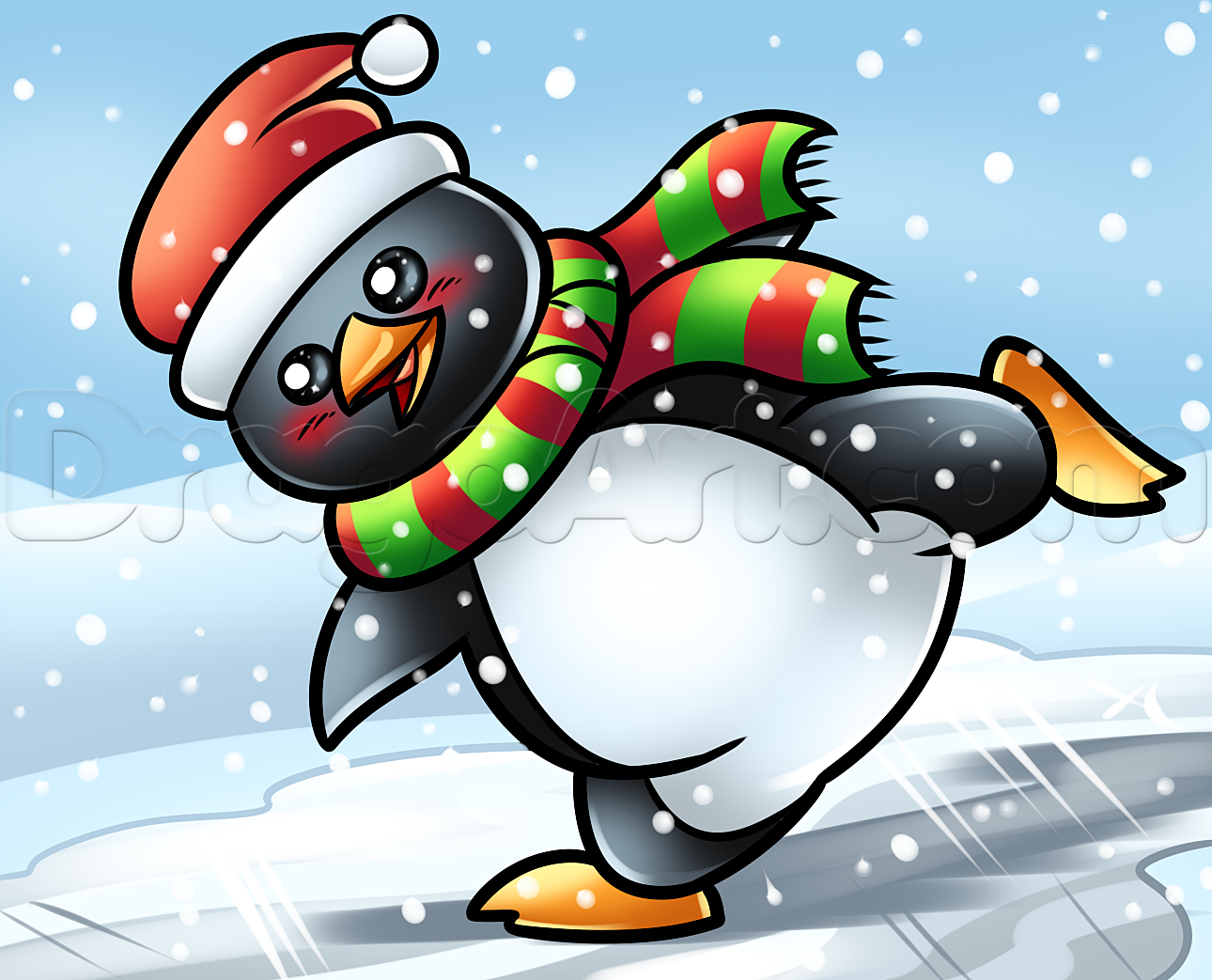 1290x1043 how to draw a christmas animal, skating penguin, step - Christmas Penguin Drawing
