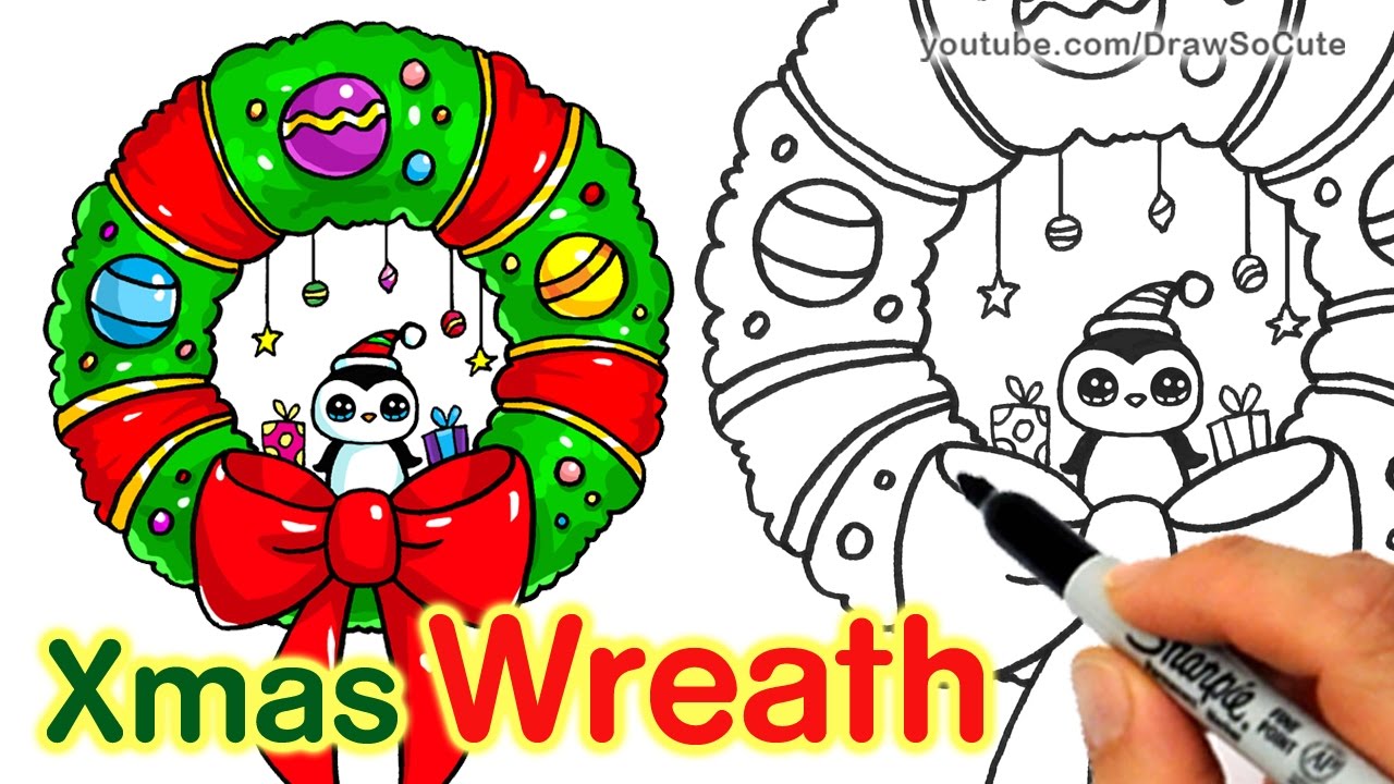 1280x720 How To Draw A Christmas Wreath And Bow Step - Christmas Reef Drawing
