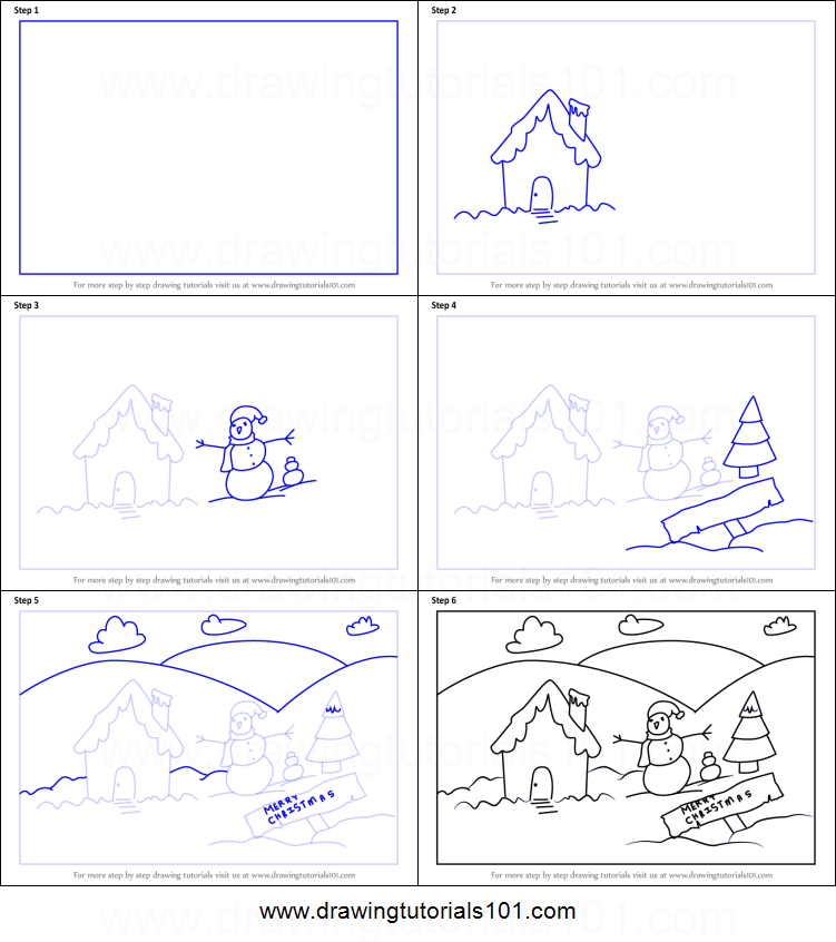 751x846 How To Draw A Christmas Snowman Scene Printable Step - Christmas Scene Drawing