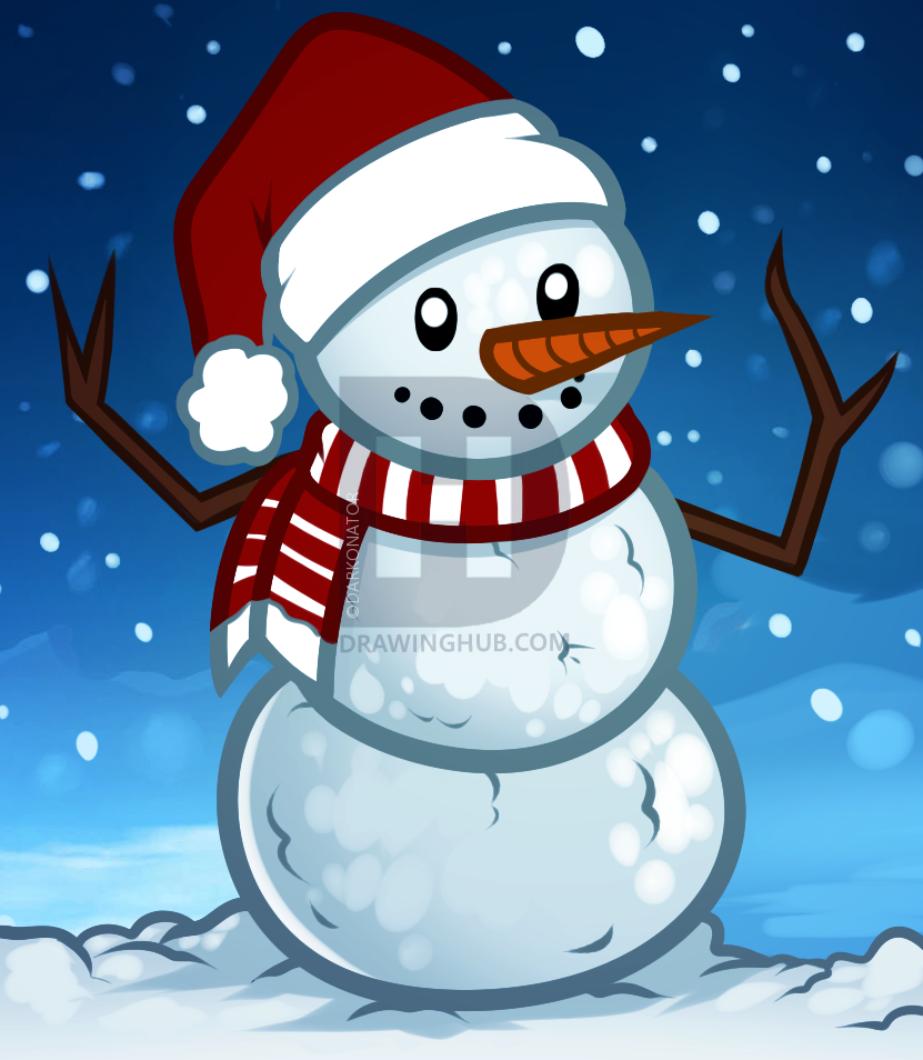 831x954 How To Draw A Christmas Snowman, Step - Christmas Snowman Drawing