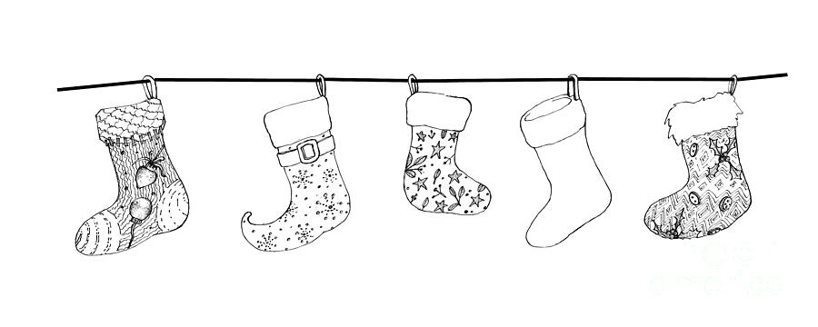 900x360 Hand Drawn Of Lovely Christmas Stockings On White Background - Christmas Sock Drawing