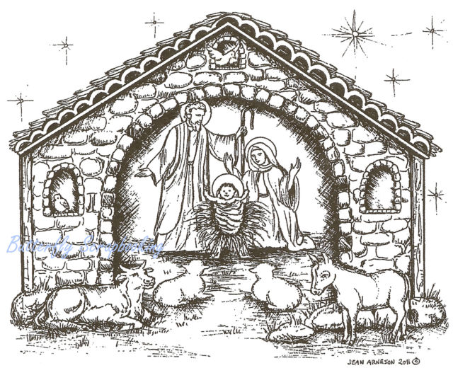 640x520 Christmas Nativity Holy Night Stable Wood Mounted Rubber Stamp - Christmas Stable Drawing