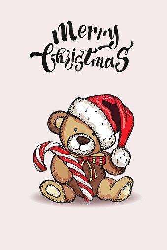 339x508 merry teddy bear in christmas cap holds a premium clipart - Christmas Teddy Bear Drawing