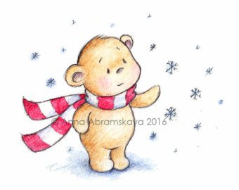 340x270 Bunny And Snow Printable Art Christmas Card Teddy Bear Etsy - Christmas Teddy Bear Drawing