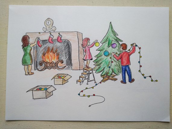 570x428 Original Christmas Themed Colored Pencils Drawing Family And A Etsy - Christmas Themed Drawings