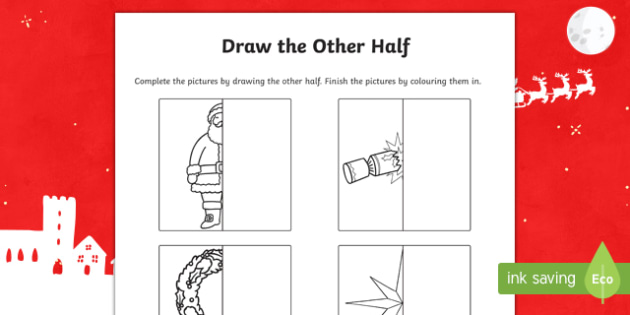 630x315 christmas themed draw the other half worksheet worksheet - Christmas Themed Drawings