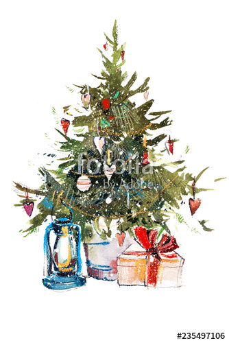334x500 Decorated Christmas Tree New Year Watercolor Illustration Water - Christmas Tree Decoration Drawing