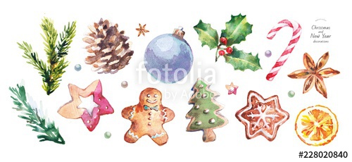 500x230 Watercolor Illustration Of Christmas And New Year Decorations - Christmas Tree Decoration Drawing