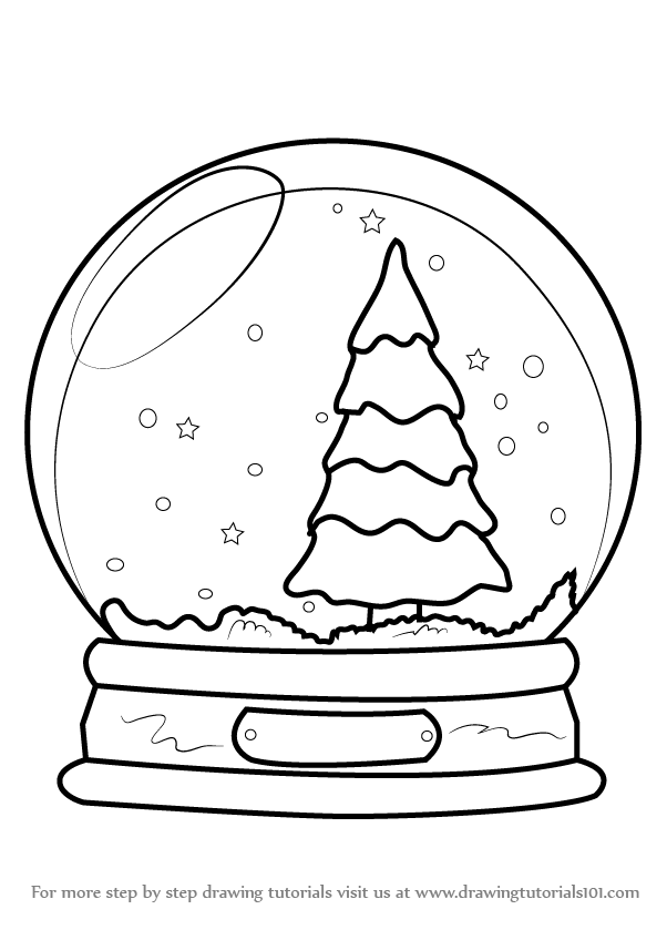 602x848 Learn How To Draw Snowglobe With Christmas Tree - Christmas Tree Drawing Easy