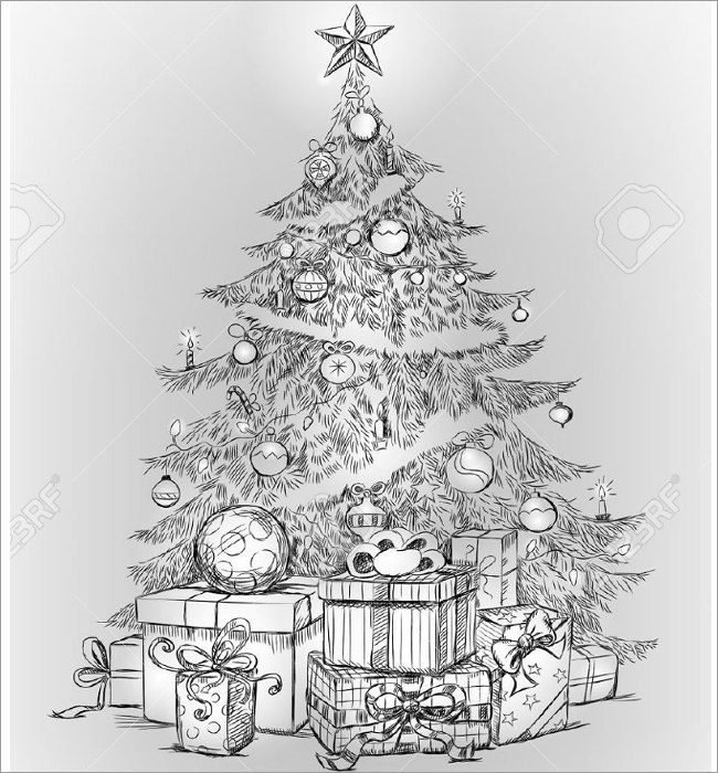 650x700 Christmas Pencil Drawings Free Design Templates - Christmas Tree Drawing Pic