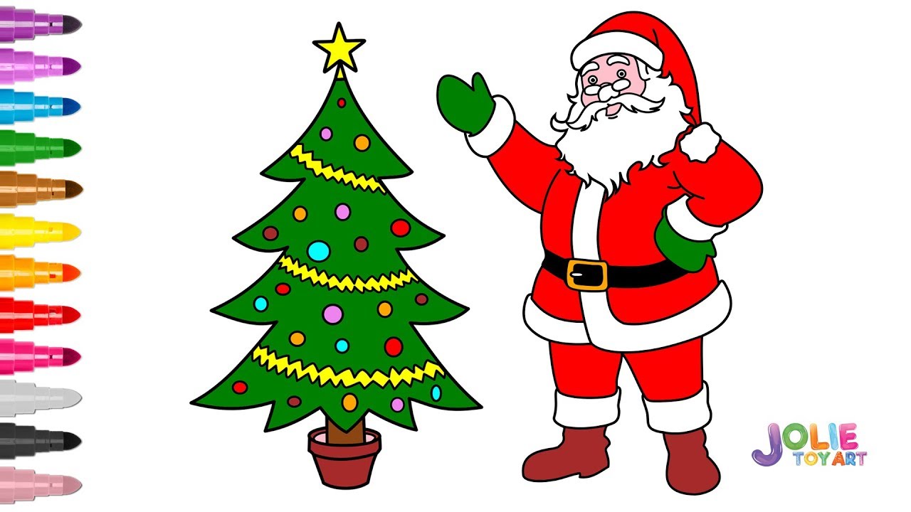 1280x720 Drawing And Coloring Santa Claus With Christmas Tree Drawing - Christmas Tree Drawing Pictures