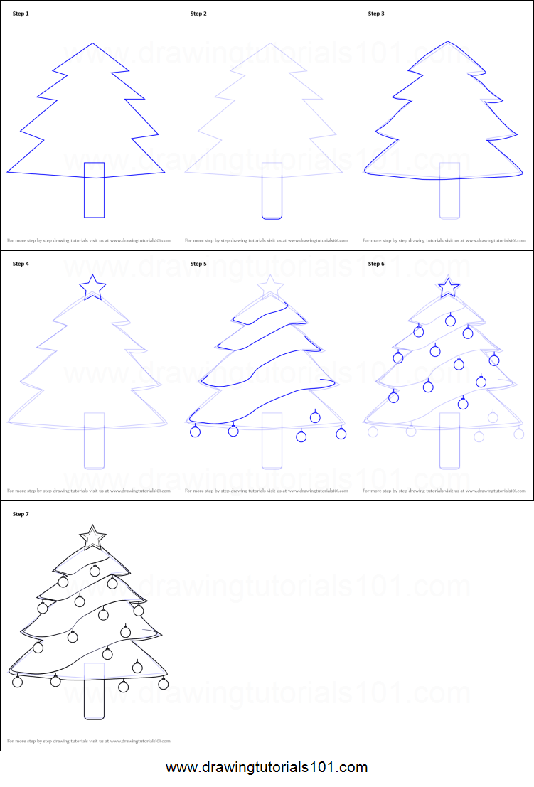 751x1107 How To Draw Decorated Christmas Tree Printable Step - Christmas Tree Drawing Steps