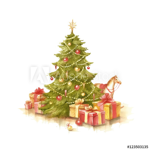 500x500 christmas tree and presents hand draw watercolor illustration - Christmas Tree With Presents Drawing