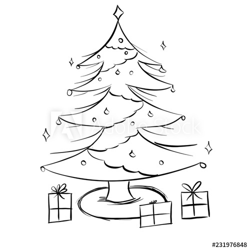 500x500 christmas tree black and white with presents drawing - Christmas Tree With Presents Drawing