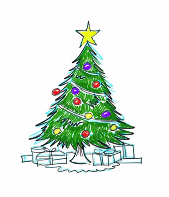 550x643 How To Draw A Christmas Tree - Christmas Tree With Presents Drawing