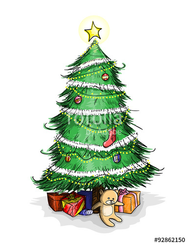 384x500 Christmas Tree, A Hand Drawn Vector Illustration Of A Christmas - Christmas Tree With Presents Drawing