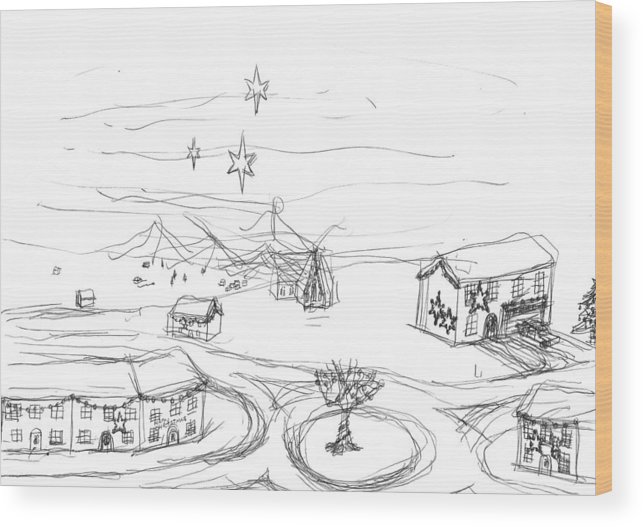 643x527 Christmas Village Wood Print - Christmas Village Drawing